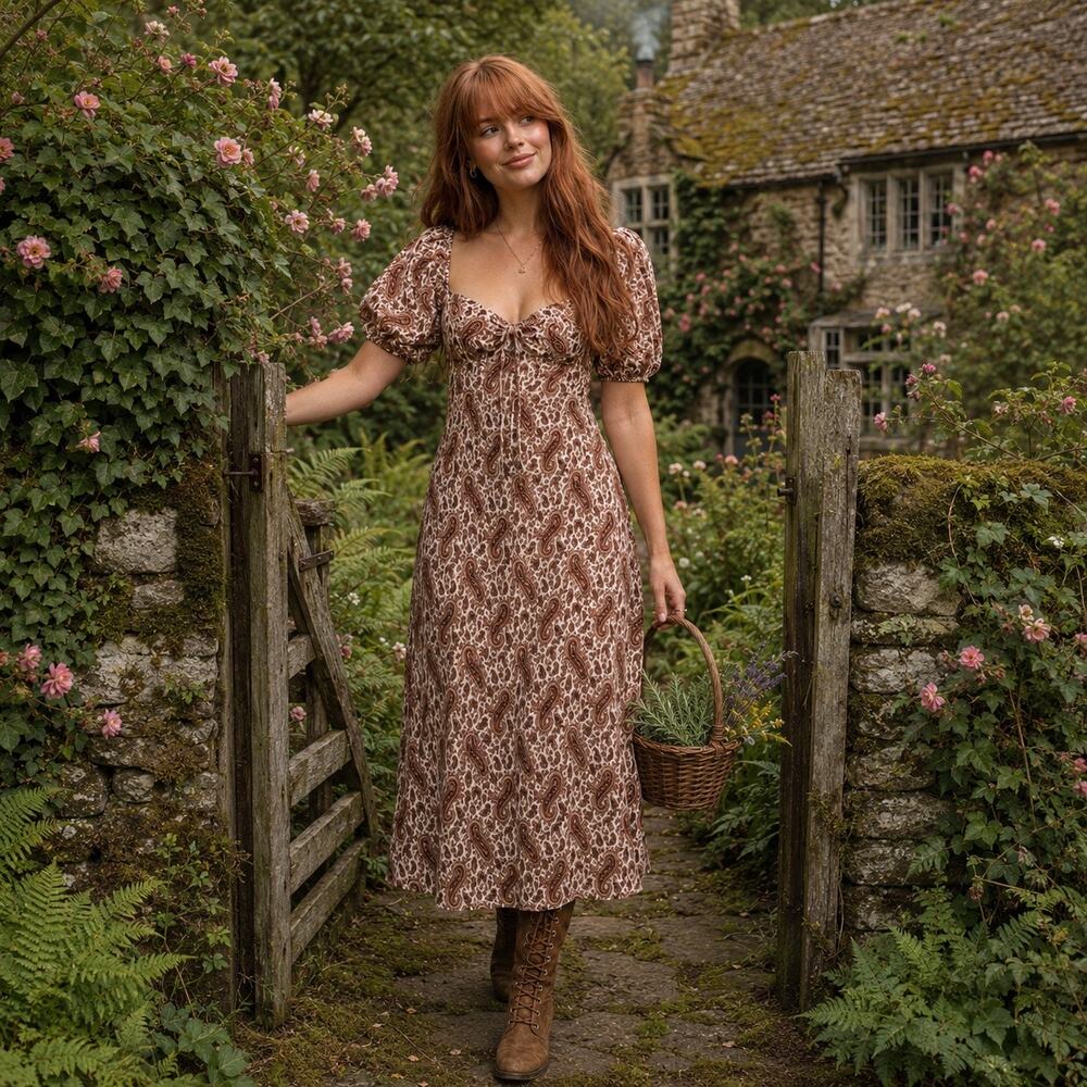 Faithfull the Brand Juniper Sable Paisley Whimsy Fairy Midi Dress Cottagecore
